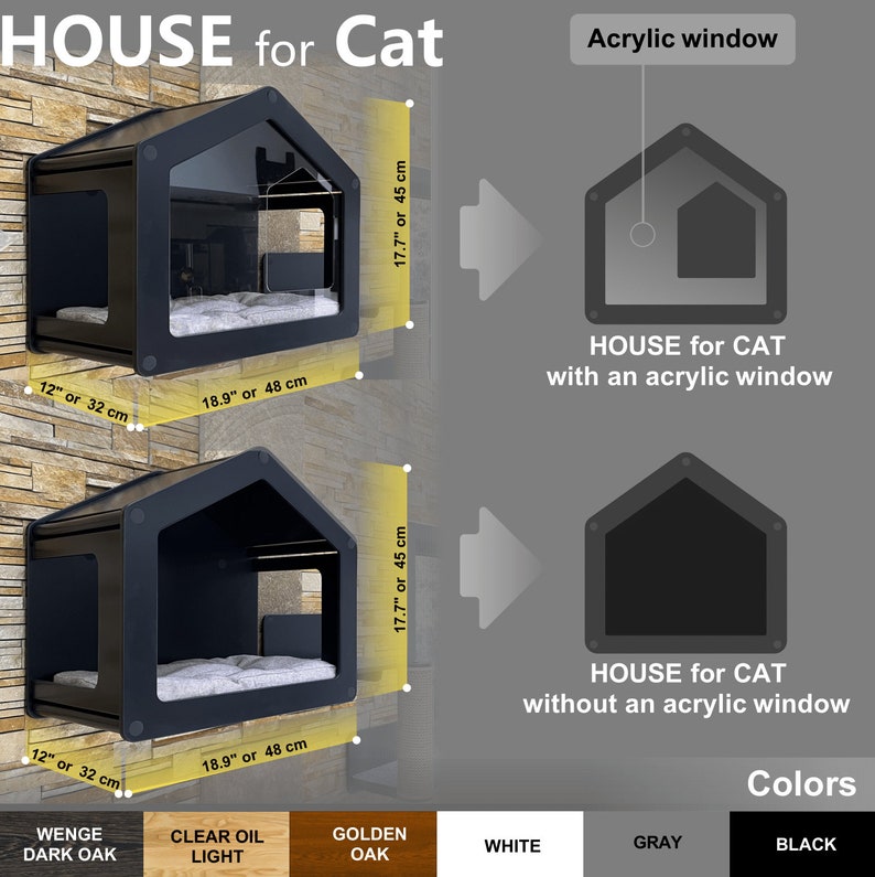 K&ouml;nnte beinhalten: Zwei schwarze Katzenh&auml;user, eines mit einem Acrylglasfenster und eines ohne. Die H&auml;user sind 45 cm hoch und 48 cm breit. Die H&auml;user sind an einer Backsteinwand montiert. Der Text "HOUSE for CAT" wird &uuml;ber jedem Haus angezeigt. Der Text "Farben" wird unter den H&auml;usern mit f&uuml;nf Farbmustern angezeigt: Wenge Dunkel Eiche, Klares &Ouml;l Hell, Goldene Eiche, Wei&szlig;, Grau und Schwarz.