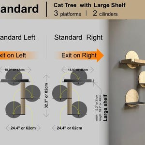 Puede incluir: Diagrama de un &aacute;rbol para gatos con tres plataformas y dos cilindros. El &aacute;rbol para gatos tiene un estante grande que mide 48 cm de largo y 31 cm de ancho. El &aacute;rbol para gatos mide 82 cm de alto. El &aacute;rbol para gatos tiene una configuraci&oacute;n est&aacute;ndar izquierda y derecha. La configuraci&oacute;n est&aacute;ndar izquierda tiene la salida en el lado izquierdo del &aacute;rbol para gatos. La configuraci&oacute;n est&aacute;ndar derecha tiene la salida en el lado derecho del &aacute;rbol para gatos.