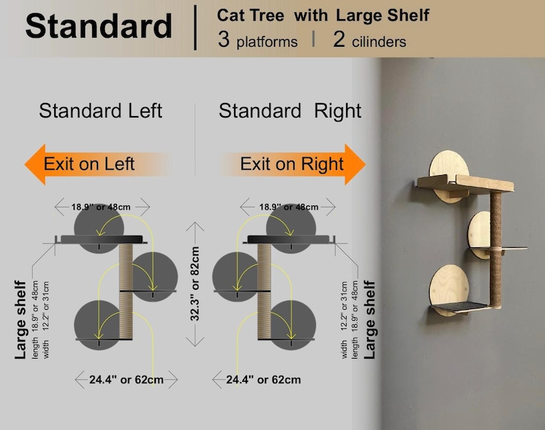Puede incluir: Diagrama de un &aacute;rbol para gatos con tres plataformas y dos cilindros. El &aacute;rbol para gatos tiene un estante grande que mide 48 cm de largo y 31 cm de ancho. El &aacute;rbol para gatos mide 82 cm de alto. El &aacute;rbol para gatos tiene una configuraci&oacute;n est&aacute;ndar izquierda y derecha. La configuraci&oacute;n est&aacute;ndar izquierda tiene la salida en el lado izquierdo del &aacute;rbol para gatos. La configuraci&oacute;n est&aacute;ndar derecha tiene la salida en el lado derecho del &aacute;rbol para gatos.