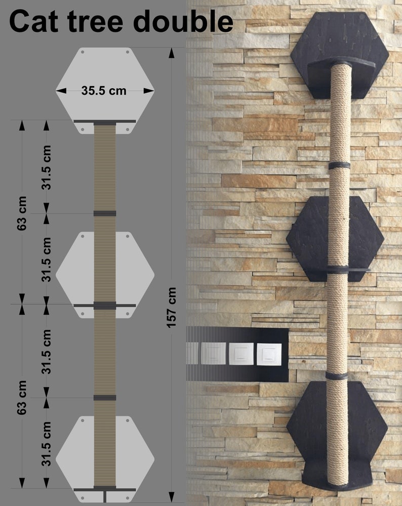 May include: A double cat tree with two hexagonal platforms and a sisal rope scratching post. The platforms are 15.7 inches in diameter and the post is 62 inches tall.