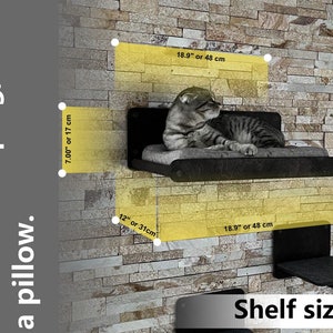 May include: A black cat bed shelf with a gray cushion. The shelf is 18.9 inches wide and 12 inches deep. The shelf is mounted on a brick wall.