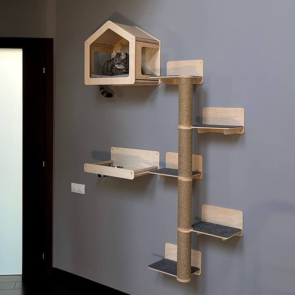 Maison murale pour chat Grand arbre à chat Étagères murales pour chat Meubles muraux pour chats Décoration murale moderne Lit de chat en bois Maison de chat Nouveau cadeau de maison pour chats