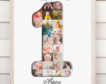May include: A framed photo collage in the shape of the number one, filled with baby photos. The words "Happy Birthday" are at the top, with the name "Clarise" and the date "Feb. 12, 2021" at the bottom. The frame is white.