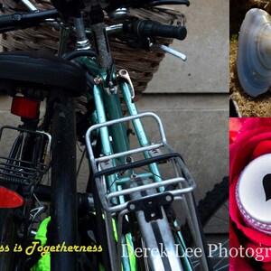 Romantic original downloadable collage of bicycles, seashells and a heart in a rose with caption &quot;Happiness is togetherness&quot;.