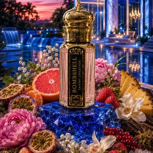 May include: A gold-capped perfume bottle labeled BOMBSHELL ZAINSKY CDEEEFADS, resting on a faceted blue crystal base surrounded by pink peonies, white lilies, sliced grapefruit, passion fruit, strawberries, pineapple, and red currants.