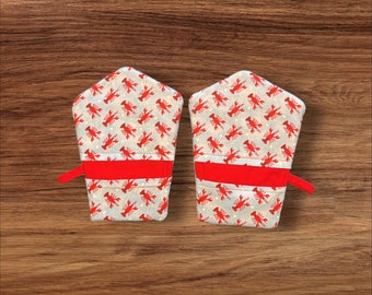 Finger Potholders, Lobster Pattern, Red Accent Color, Mini Potholders, Oven Mitts, Set of Two,