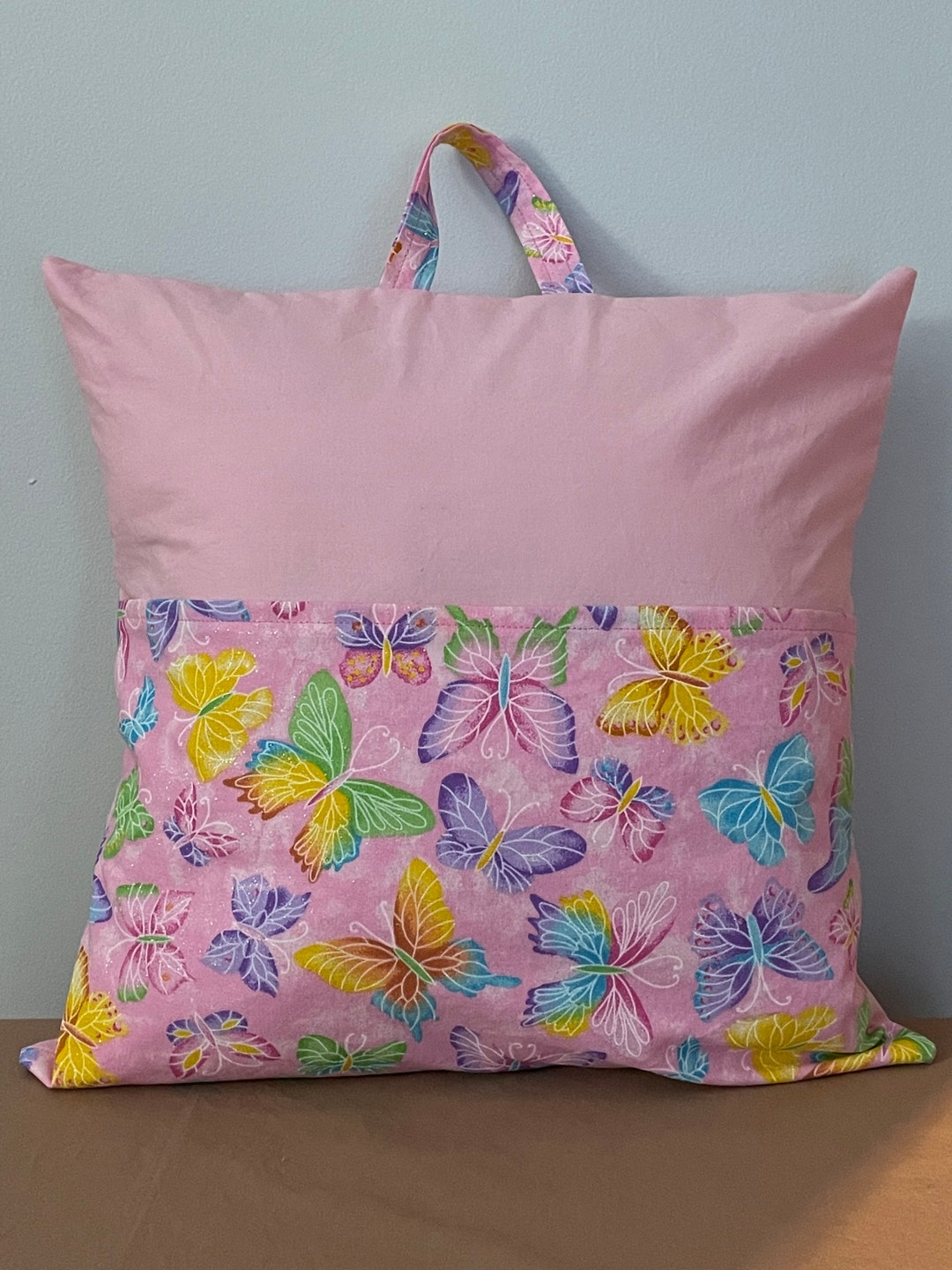 Pocket Pillow, With Handle, Pink Sparkling Butterflies Pattern, Pink