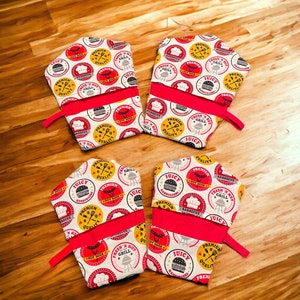 Finger Potholders, Barbeque Grilling, Grill Master Pattern, Red Accent Color, Mini Potholders, Oven Mitts, Set of Two, Two Sizes Available