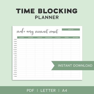 Planificador de bloqueo de tiempo IMPRIMIBLE - Verde salvia, Planificador de días por horas, Organizador de gestión del tiempo motivacional, Descarga instantánea, Carta, A4
