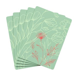 May include: A set of rectangular cards with a light sage green background featuring white line art of various flowers and stems, with one prominent flower highlighted in a bright red line drawing in the centre foreground.