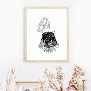Cowgirl Country Tassel Illustratie Western Fashion Style Print Monochrome minimale zwart-wit kunst afbeelding 1