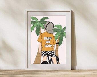 Play All Day Print - colourful palm trees biker kid - kids nursery living room dining room