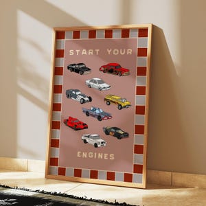 Miniature Racing Cars Illustration, Start Your Engines : Children's Nursery Print | Fun Childlike Colourful Artwork | Mauve and Yellow