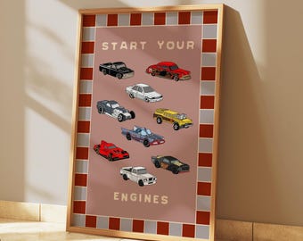 Miniature Racing Cars Illustration, Start Your Engines : Children's Nursery Print | Fun Childlike Colourful Artwork | Mauve and Yellow