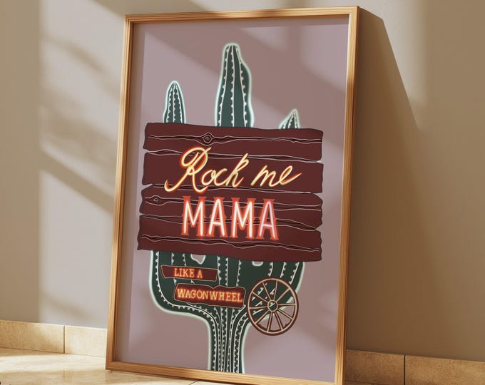 Wagon Wheel Song Lyric Print: Country Music Western Cactus Neon Art