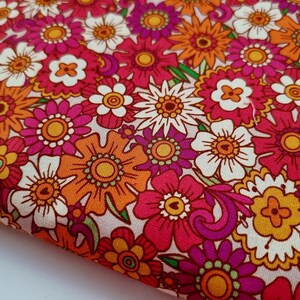 Retro Fabric | Vintage Style Floral | Craft Fabric | Cotton | Pink Purple Orange Green | Flower | Daisy| Mary Quant Style