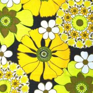 May include: A yellow and green floral fabric with a repeating pattern of large and small flowers. The fabric has a retro 1970s style.