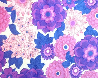 70s Floral Fabric, Vintage Purple Floral Fabric, Flower Power Fabric, Retro Cotton Fabric, Mod 1970s Fabric, Width 110cm
