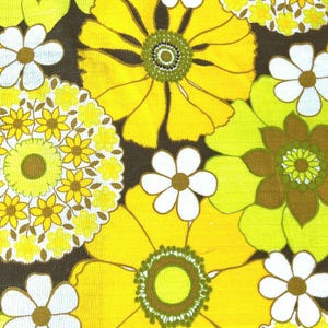 May include: A brown background with a repeating pattern of yellow, green, and white flowers. The flowers have a retro 1970s style.
