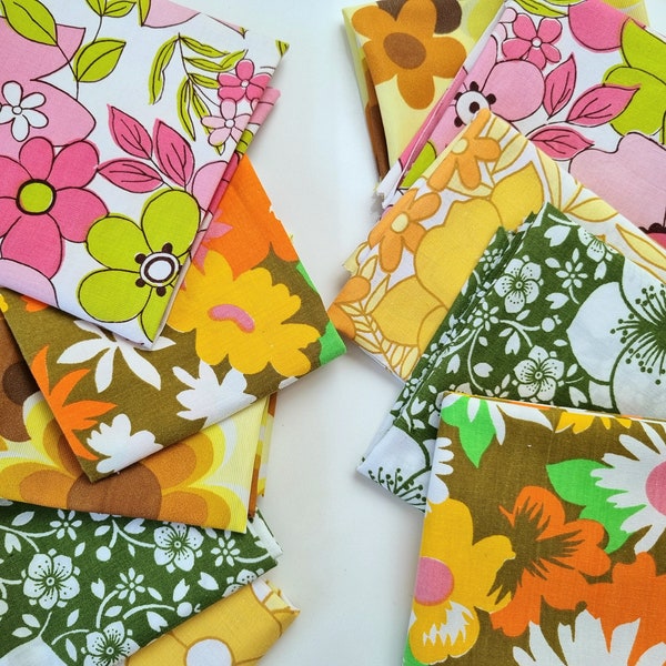 Vintage Fabric Bundle | 70s Fabric| 5X Fat Quarters | Floral | Retro| Midcentury | Boho | Pink Green | Kitsch |