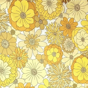 May include: A vintage floral print fabric featuring a repeating pattern of yellow and brown flowers with a white background.