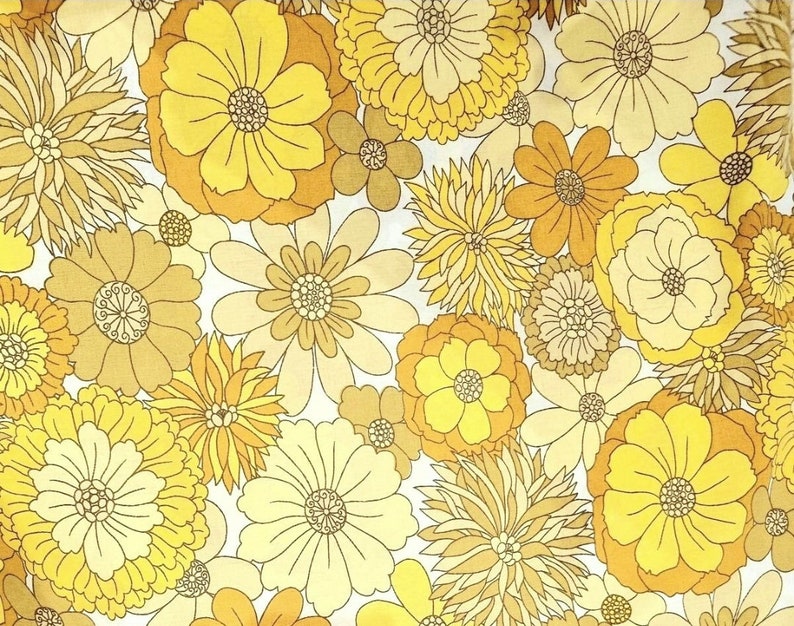 May include: A vintage floral print fabric featuring a repeating pattern of yellow and brown flowers with a white background.
