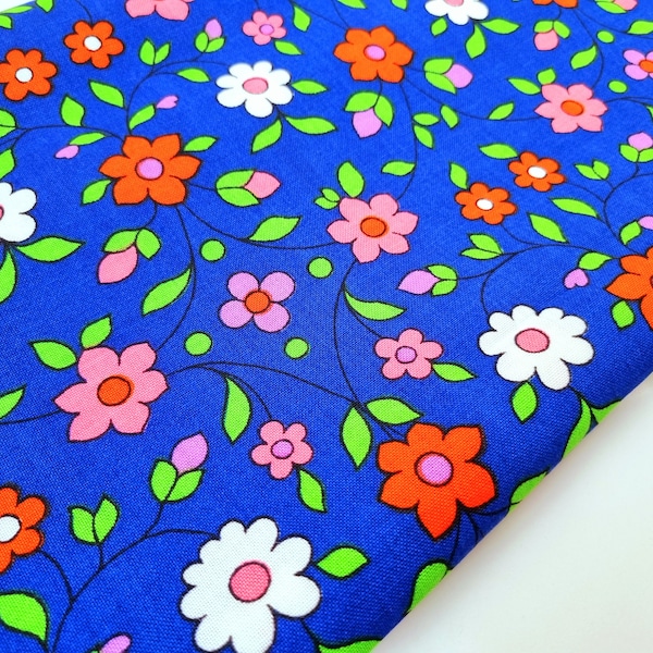 Vintage Fabric | 70s Fabric | New Unused | Dekoplus | Viscose | Blue Neon Green Pink | Retro |Flower Power | Mary Quant Style| Midcentury