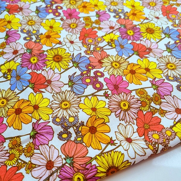 Retro Fabric | Vintage Style Floral | Craft Fabric | Cotton | Pink Purple Yellow Green | Flower | Daisy| Mary Quant Style