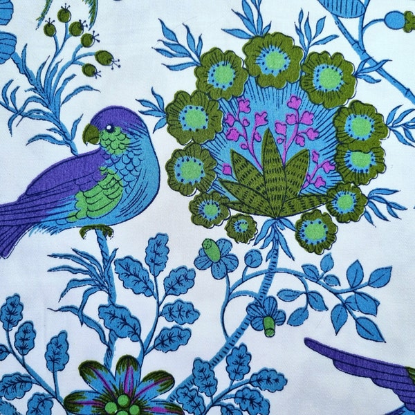 Vintage Fabric | 70s Fabric | Jonelle | Boho | Vibrant | Blue Purple Green | Retro |Flower Power | Midcentury | Birds | Spice Island