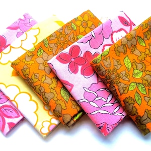 Vintage Fabric Bundle, 70s Fabric, 5 Vintage Fat Quarters, Orange Floral Fabric, Pink Retro Fabric, Midcentury Fabric, Floral Fabric
