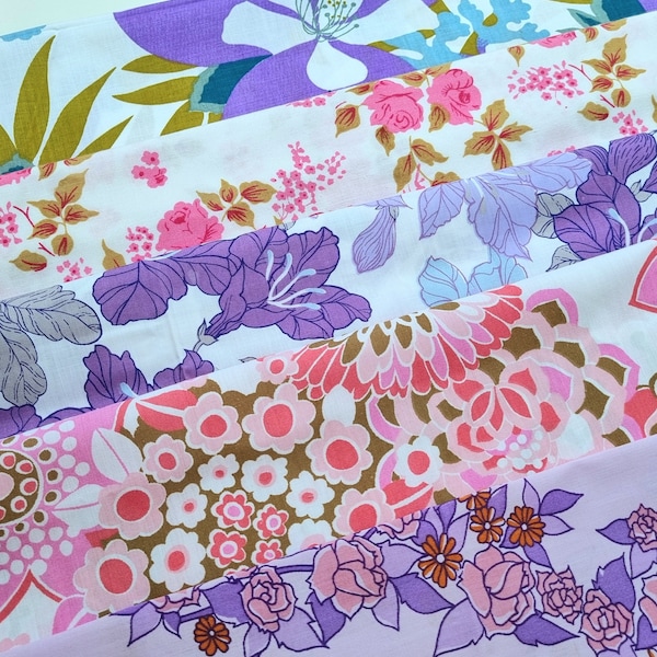 Vintage Fabric Bundle | 70s Fabric| New Unused | 5X Fat Quarters | Floral | Retro| Midcentury | Boho | Purple Pink Green | Kitsch |