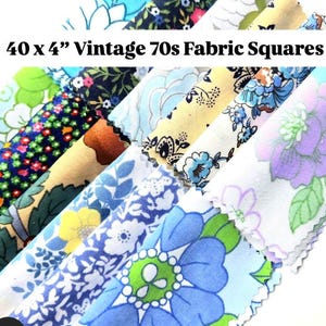 Vintage 70s Blue Fabric Squares 4 Inch, 40 Piece Bundle, Retro Floral Cotton Fabric, Quilting Precut Squares, Patchwork Fabric Pack
