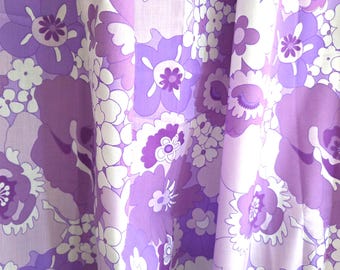 Vintage 70s Fabric, New Unused Purple Flower Power Fabric, Sewing, Quilting & Craft Fabric, NOS, Width 110cm , by the half metre