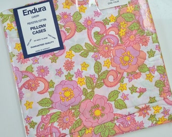 Vintage Pillowcases x2 | 70s Pillowcases | New Unused |Retro Pillowcases| Midcentury | Purple Pink Yellow| Flower Power |Home Decor |