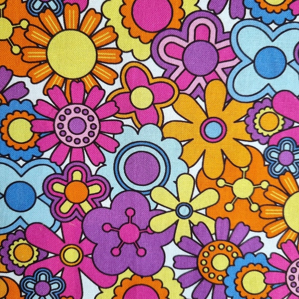 Retro Fabric | Vintage Style Floral | Craft Fabric | Cotton | Pink Purple Yellow Blue | Flower | Daisy| Mary Quant Style