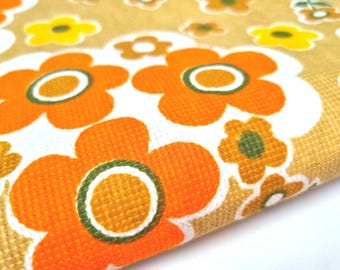 Vintage 1970s Floral Fabric, Orange Yellow Flower Power, 120 width, sold in 55cm lengths