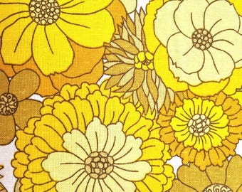70s Fabric: New Unused Vintage Fabric, Yellow Flower Power, Upholstery Weight (Half Metre)