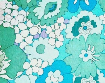 Vintage 1970s Dorma Fabric, Turquoise Blue Floral, As New, 120cm Wide