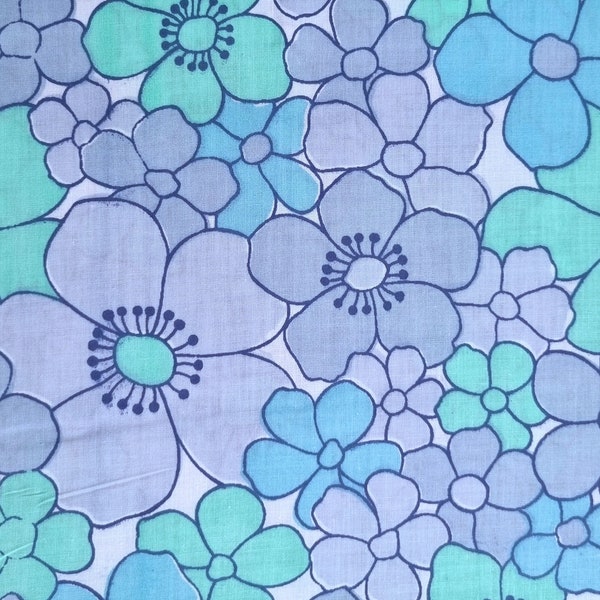 Vintage Fabric | 70s Fabric| New Unused | Retro | Flower Power | Boho | Midcentury| Teal Turquoise Green Blue | Home Decor| 125x55cm