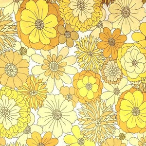 May include: A yellow and white floral pattern fabric with a repeating design of large and small flowers. The fabric has a vintage feel and would be perfect for a variety of projects.