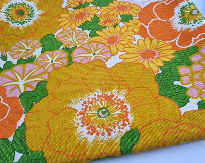 Vintage Fabric 70s Fabric Retro Home Decor Orange Yellow Greenflower Power boho Stunning Vantona