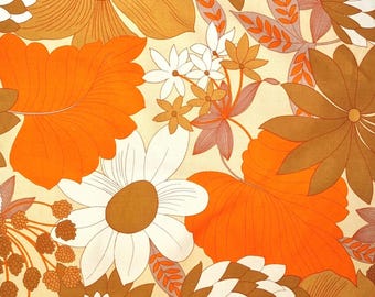 70s Fabric: Vintage Fabric, Orange Flower Power Floral Cotton Sateen.