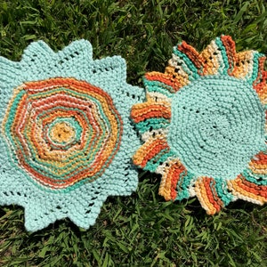 Handknit Cotton Pair-Washcloths, Dishcloths, Coasters, Table Runners, Doilies, Crystal Grid Cloth