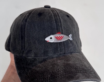 Washed Black Denim Cap with Fish Embroidery Design