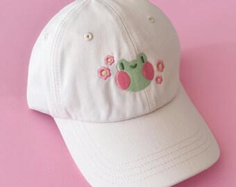 Beige/Off-White Cap with Frog and Flower Embroidery Design