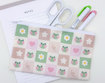 Frog and Flower Pink Checkered Pattern Canvas Pouch With Zipper