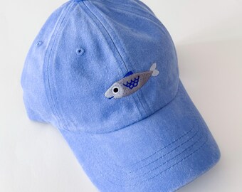 Washed Blue Denim Cap with Fish Embroidery Design