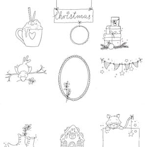 May include: A set of black and white Christmas clip art illustrations. The illustrations include a bird on a branch, a gingerbread house, a boot with a sprig of holly, a hot chocolate mug, a wreath, a cat peeking over a sign, a sign that says "Christmas", a spool of thread, a garland, and two frames.