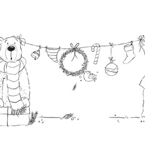 Puede incluir: Un dibujo en blanco y negro de un oso con una bufanda y un niño colgando adornos navideños de una cuerda. Los adornos incluyen una corona, un bastón de caramelo, una campana, una media y una bola.