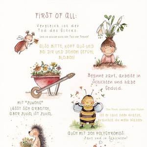 May include: A watercolour illustration with a whimsical message about art and creativity. The text reads "First of all: Vergleich ist der Tod des Glücks. Und ich glaube auch der Tod der Freude! Also bitte, Kopf aus und bei dir und deinem Gefühl bleiben!"  The illustration features a variety of animals and plants, including a bee, a hedgehog, a bird, and flowers.